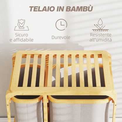 Space-Saving Laundry Basket, Elegant Laundry Basket with 3 Removable Fabric Bags and Shelves, Bamboo, 50x32x69.7 cm, Bamboo and Cream Color