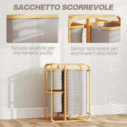 Space-Saving Laundry Basket, Elegant Laundry Basket with 3 Removable Fabric Bags and Shelves, Bamboo, 50x32x69.7 cm, Bamboo and Cream Color