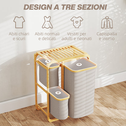 Space-Saving Laundry Basket, Elegant Laundry Basket with 3 Removable Fabric Bags and Shelves, Bamboo, 50x32x69.7 cm, Bamboo and Cream Color