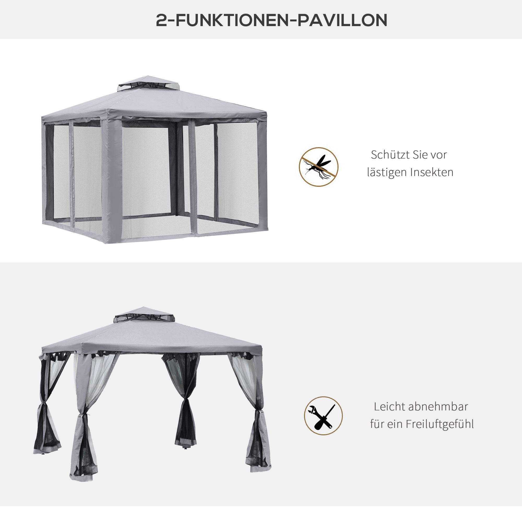 Pavilion with Double Roof, Approx. 3x3 m Waterproof Stable Winterproof Garden Pavilion with Mosquito Net, Side Panels, Metal Garden Pavilion, for Garden, Terrace, Light Gray