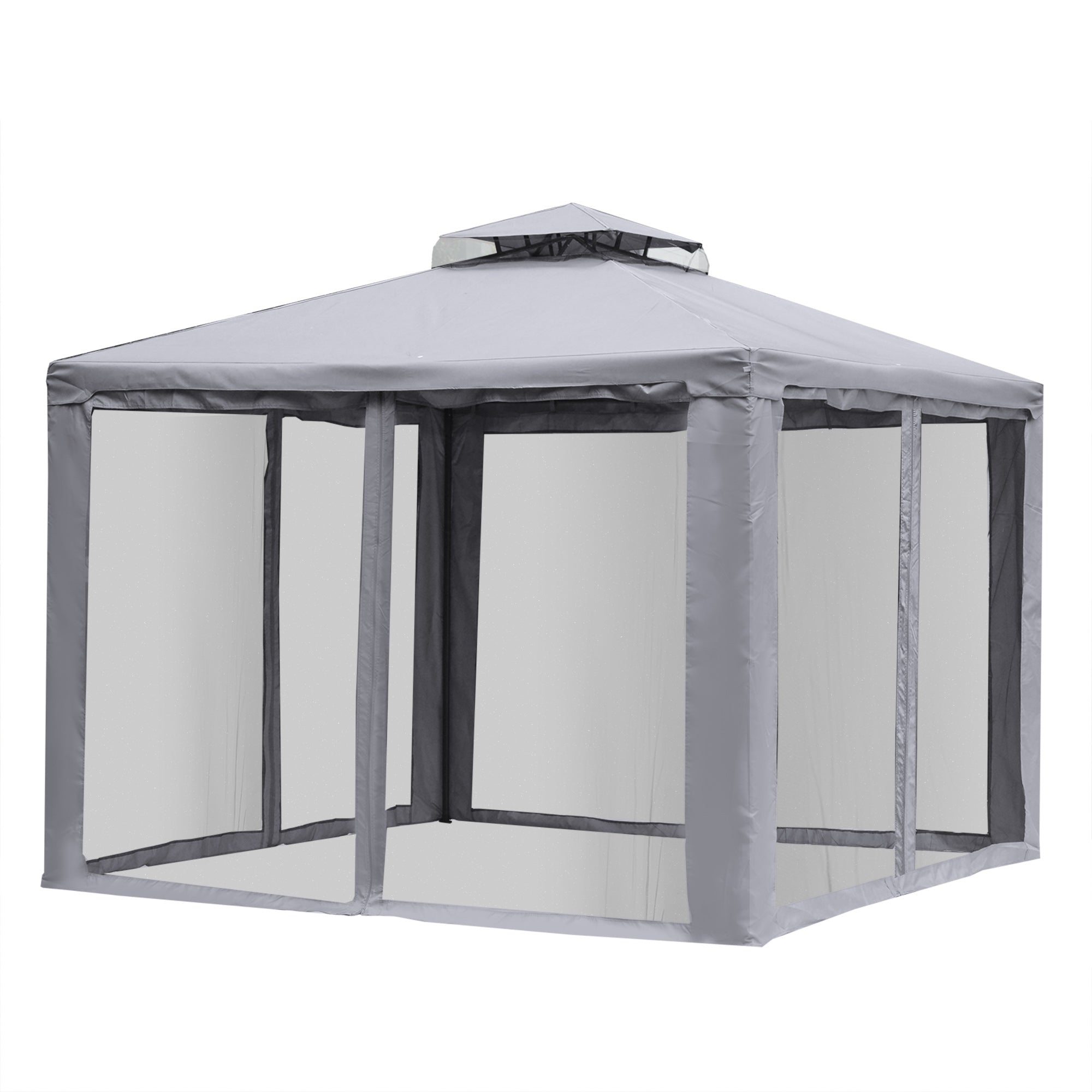 Pavilion with Double Roof, Approx. 3x3 m Waterproof Stable Winterproof Garden Pavilion with Mosquito Net, Side Panels, Metal Garden Pavilion, for Garden, Terrace, Light Gray
