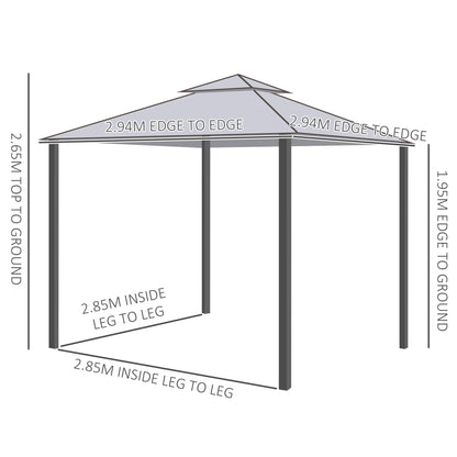 Pavilion with Double Roof, Approx. 3x3 m Waterproof Stable Winterproof Garden Pavilion with Mosquito Net, Side Panels, Metal Garden Pavilion, for Garden, Terrace, Light Gray
