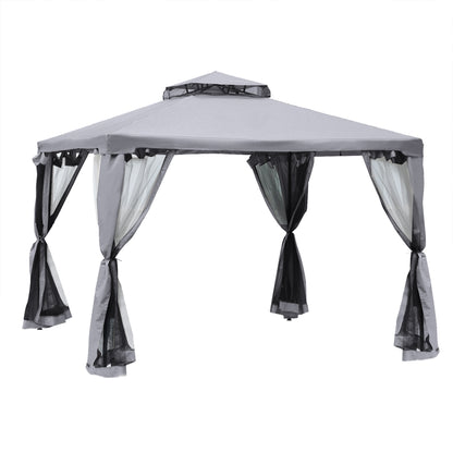 Pavilion with Double Roof, Approx. 3x3 m Waterproof Stable Winterproof Garden Pavilion with Mosquito Net, Side Panels, Metal Garden Pavilion, for Garden, Terrace, Light Gray