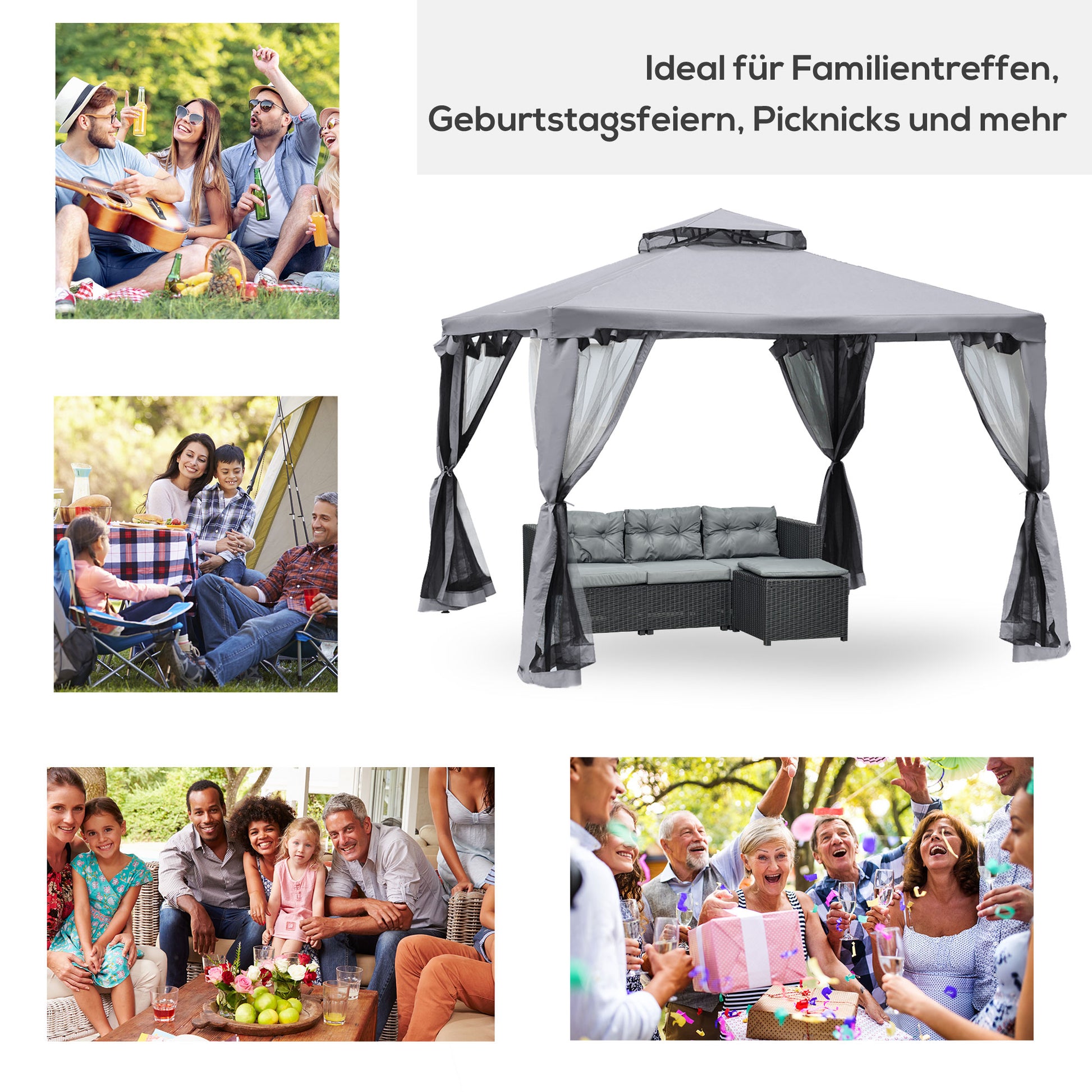 Pavilion with Double Roof, Approx. 3x3 m Waterproof Stable Winterproof Garden Pavilion with Mosquito Net, Side Panels, Metal Garden Pavilion, for Garden, Terrace, Light Gray