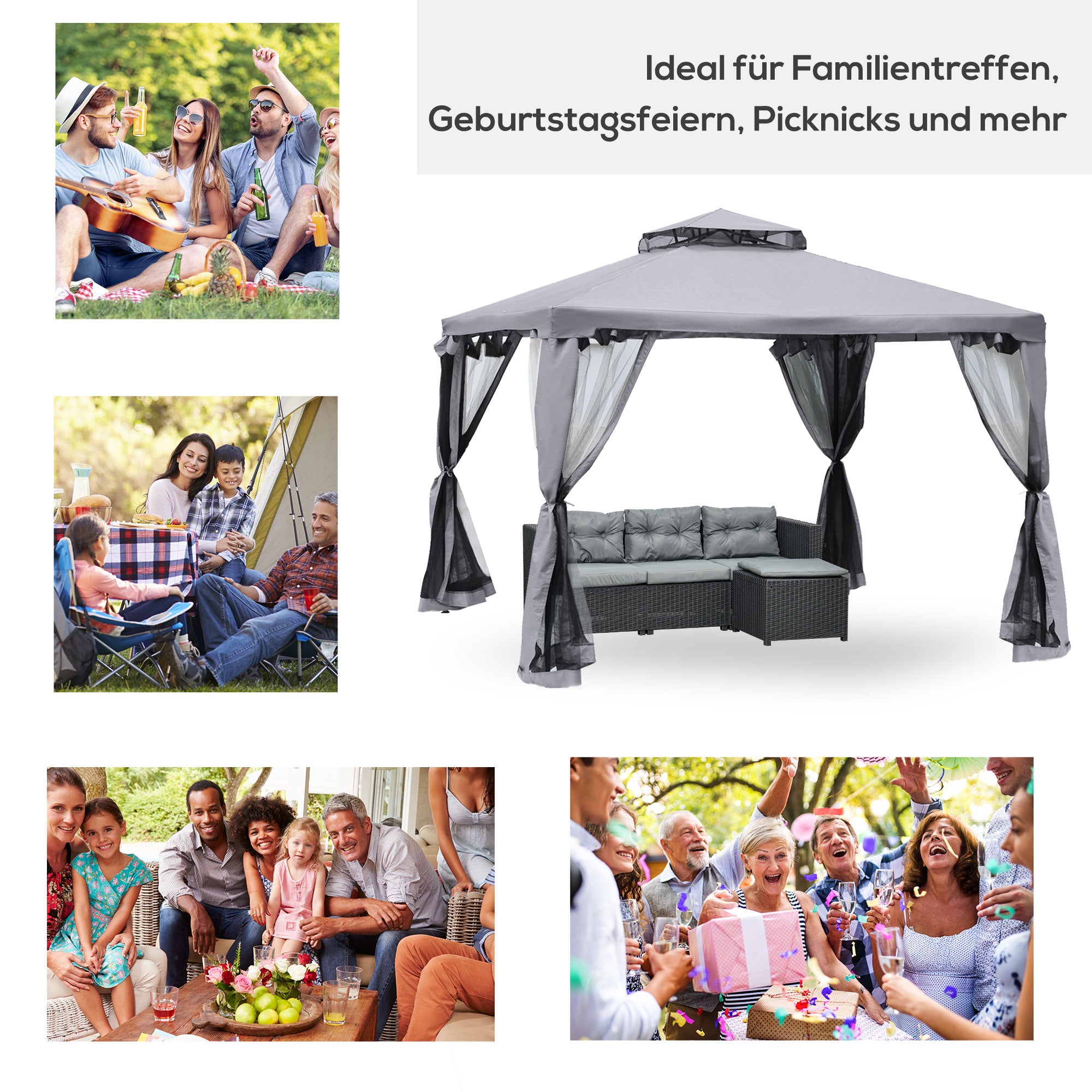 Pavilion with Double Roof, Approx. 3x3 m Waterproof Stable Winterproof Garden Pavilion with Mosquito Net, Side Panels, Metal Garden Pavilion, for Garden, Terrace, Light Gray