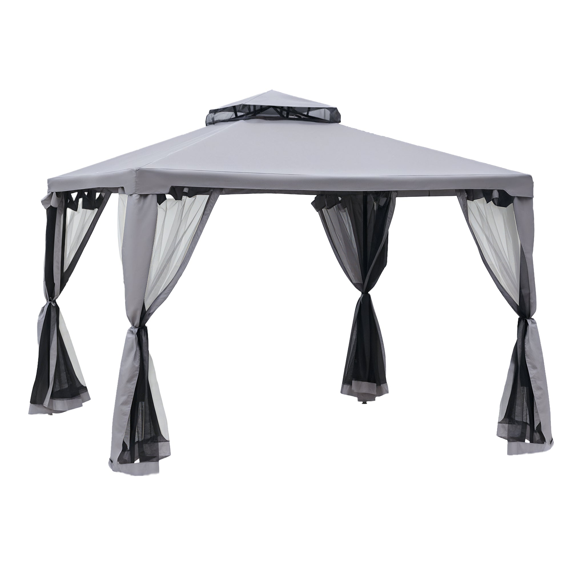 Pavilion with Double Roof, Approx. 3x3 m Waterproof Stable Winterproof Garden Pavilion with Mosquito Net, Side Panels, Metal Garden Pavilion, for Garden, Terrace, Light Gray