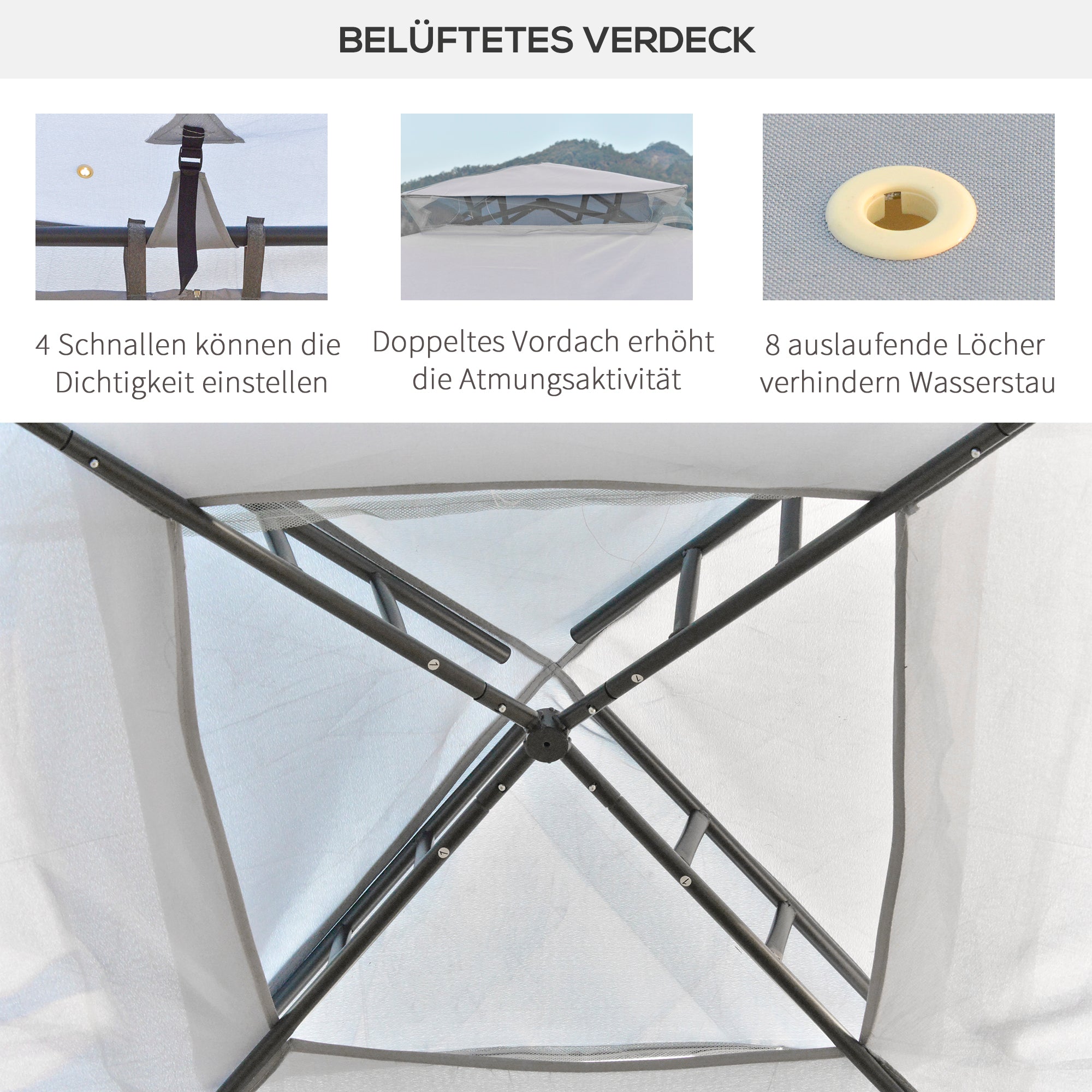 Pavilion with Double Roof, Approx. 3x3 m Waterproof Stable Winterproof Garden Pavilion with Mosquito Net, Side Panels, Metal Garden Pavilion, for Garden, Terrace, Light Gray