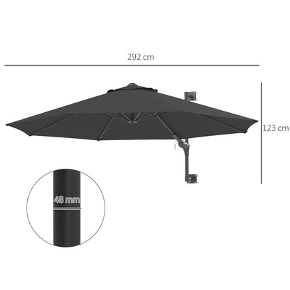 292 cm Rotating Wall Umbrella 180° Outdoor Terrace Umbrella with Crank Metal Bar Umbrella and Ventilation for Beach Garden Outdoor Patio Dark Gray