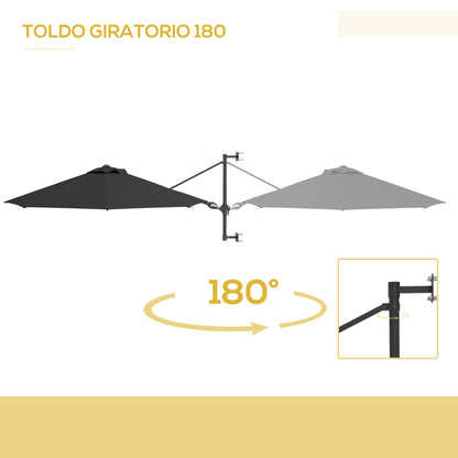 292 cm Rotating Wall Umbrella 180° Outdoor Terrace Umbrella with Crank Metal Bar Umbrella and Ventilation for Beach Garden Outdoor Patio Dark Gray