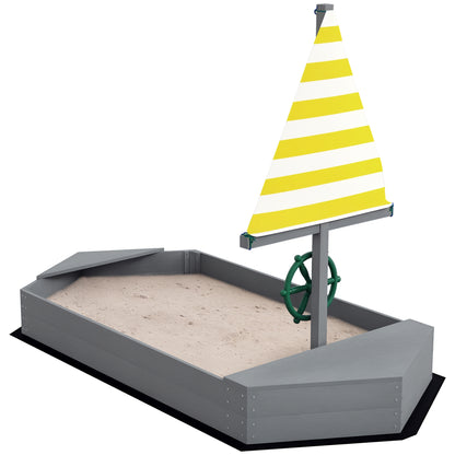 Wooden Kids Sandbox Sailboat Shaped Children's Sandbox with Flag and Rudder for Patio Garden 190x90x138 cm Dark Gray