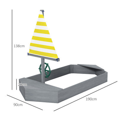 Wooden Kids Sandbox Sailboat Shaped Children's Sandbox with Flag and Rudder for Patio Garden 190x90x138 cm Dark Gray