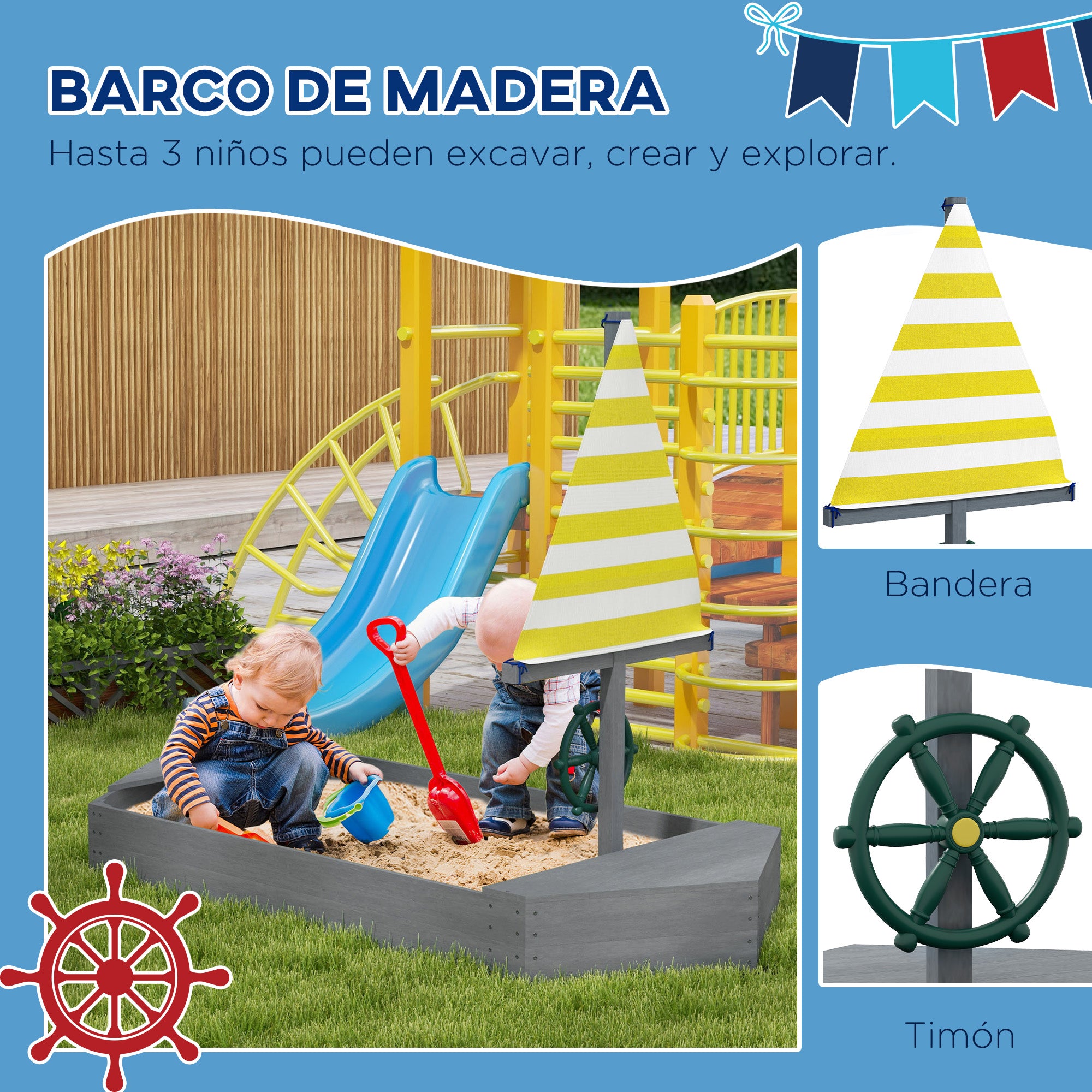 Wooden Kids Sandbox Sailboat Shaped Children's Sandbox with Flag and Rudder for Patio Garden 190x90x138 cm Dark Gray