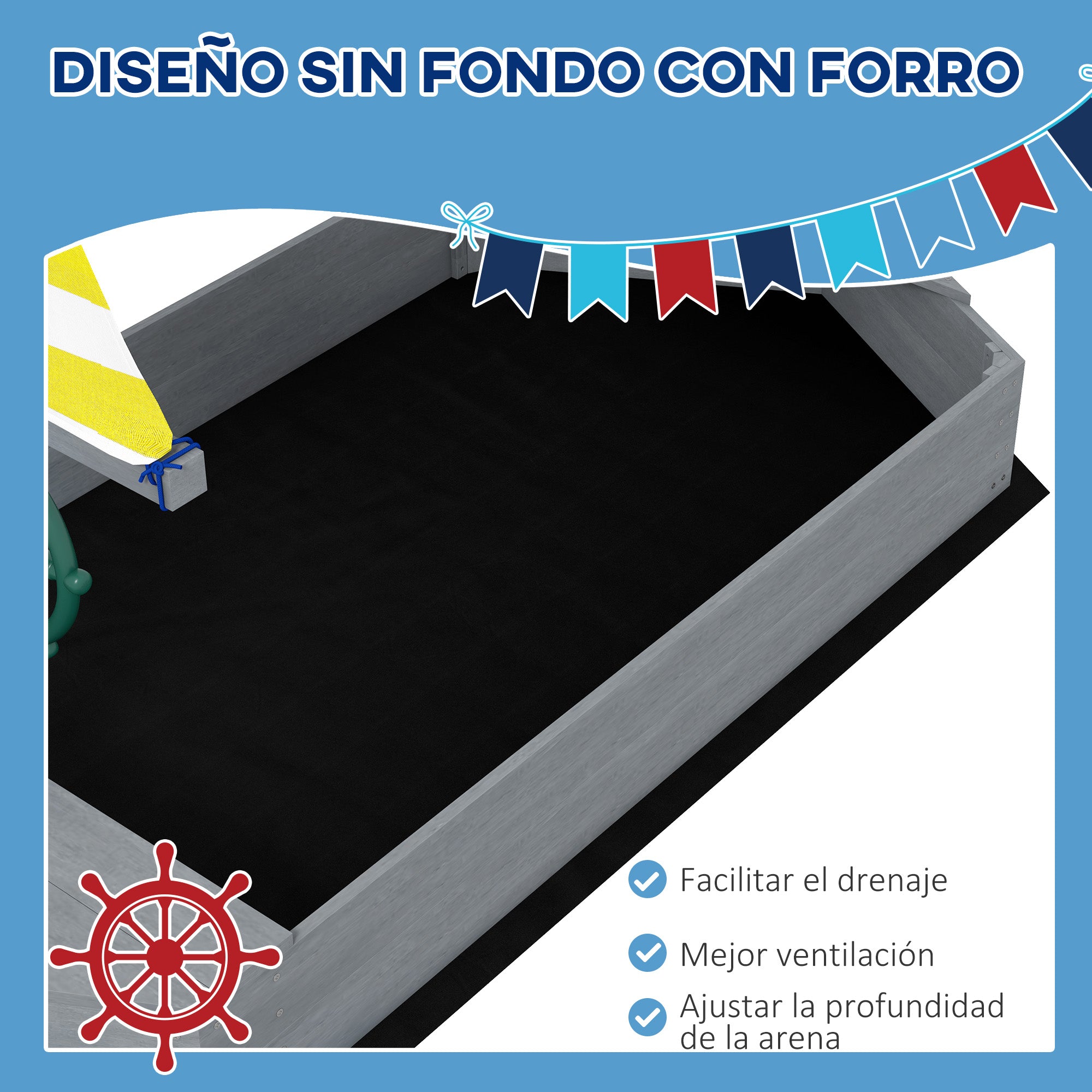 Wooden Kids Sandbox Sailboat Shaped Children's Sandbox with Flag and Rudder for Patio Garden 190x90x138 cm Dark Gray