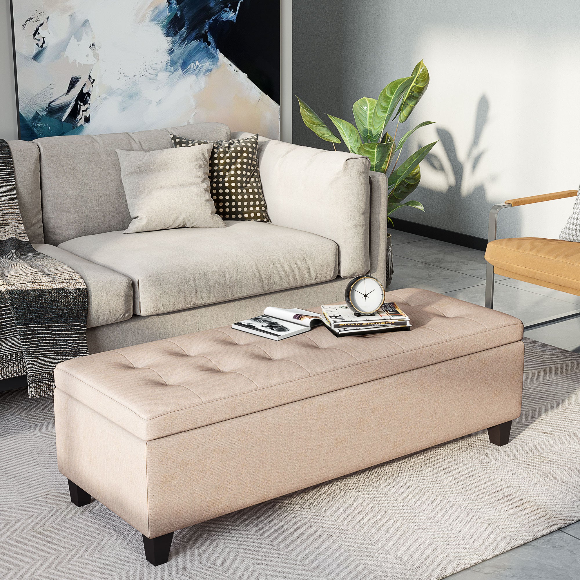 Bench, Upholstered Storage Bench, Bed Bench with Lid, Linen Look, Trunk Bench, Storage Bench for Living Room, Bedroom, Beige, 125 x 49 x 41.5 cm
