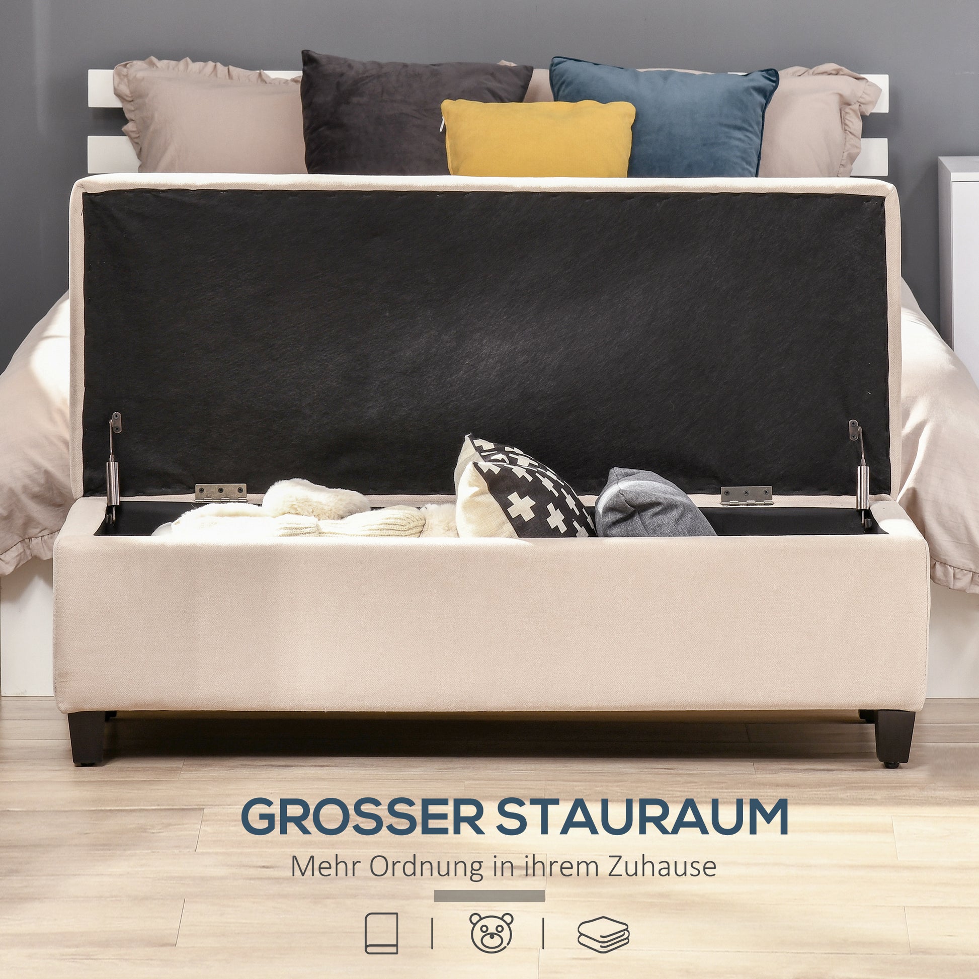 Bench, Upholstered Storage Bench, Bed Bench with Lid, Linen Look, Trunk Bench, Storage Bench for Living Room, Bedroom, Beige, 125 x 49 x 41.5 cm