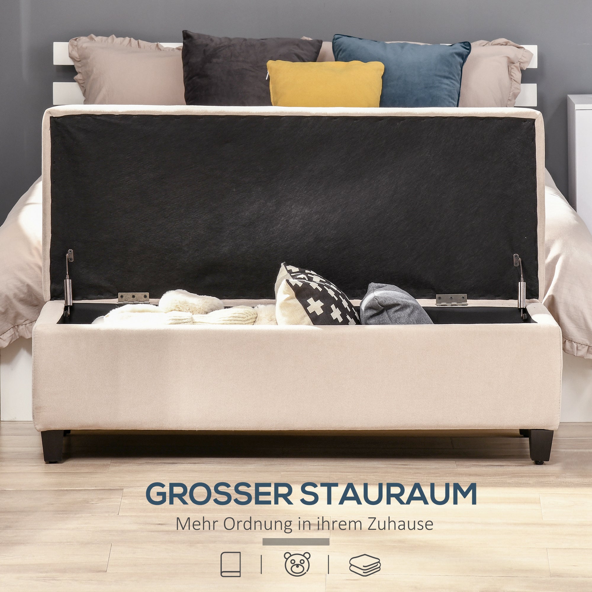 Bench, Upholstered Storage Bench, Bed Bench with Lid, Linen Look, Trunk Bench, Storage Bench for Living Room, Bedroom, Beige, 125 x 49 x 41.5 cm