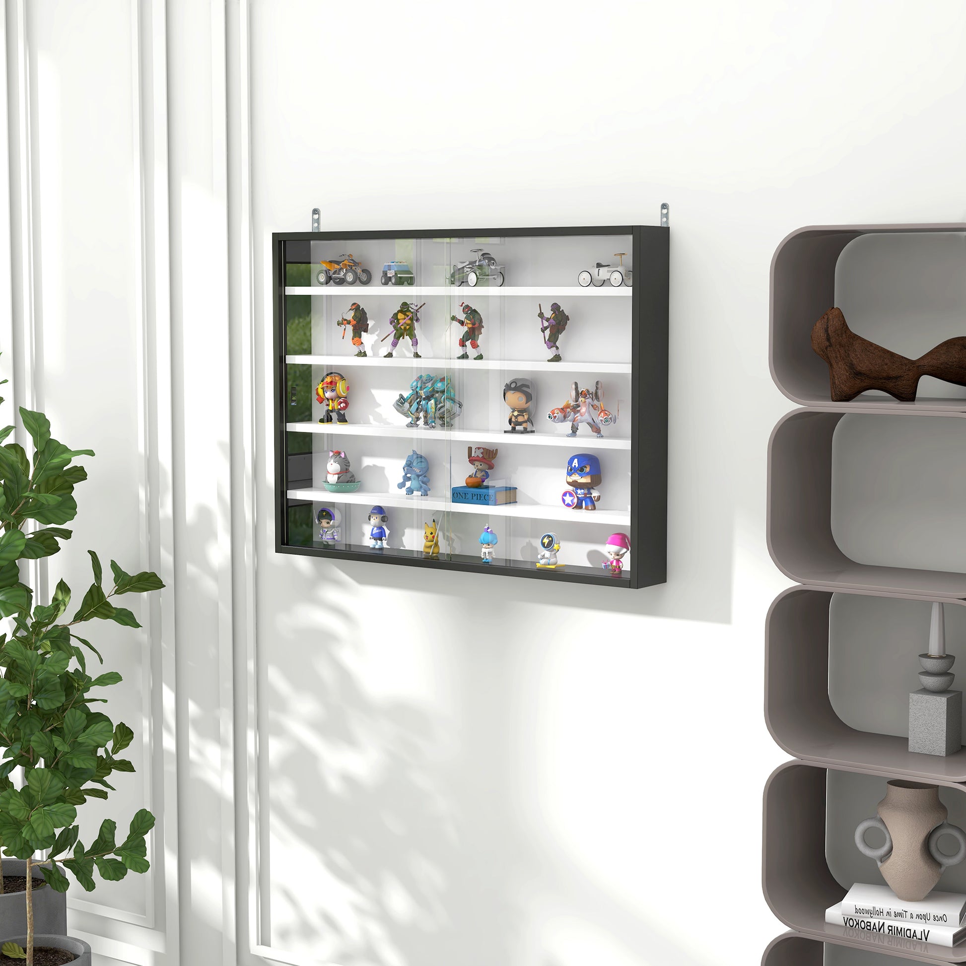 Showcase Wall Display Cabinet with Adjustable Shelves and 2 Sliding Glass Doors for Perfume Decorative Figures Collections 31.5x3.7x23.6 inches White and Black