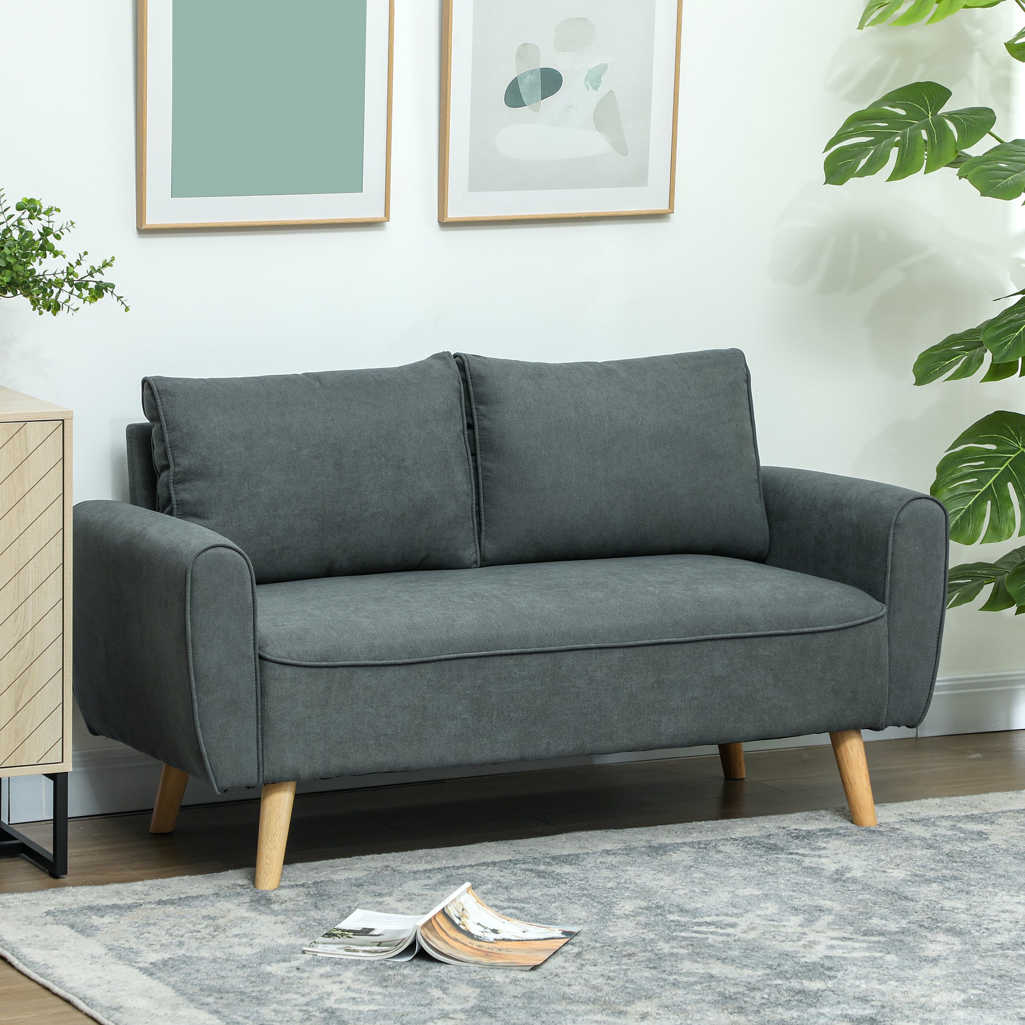 Modern 2-Seater Fabric Sofa with Thick Padding, Removable Cushions, 2-Seater Settee with Wooden Legs for Living Room, Lounge, Home and Office, 145x75x78 cm, Grey