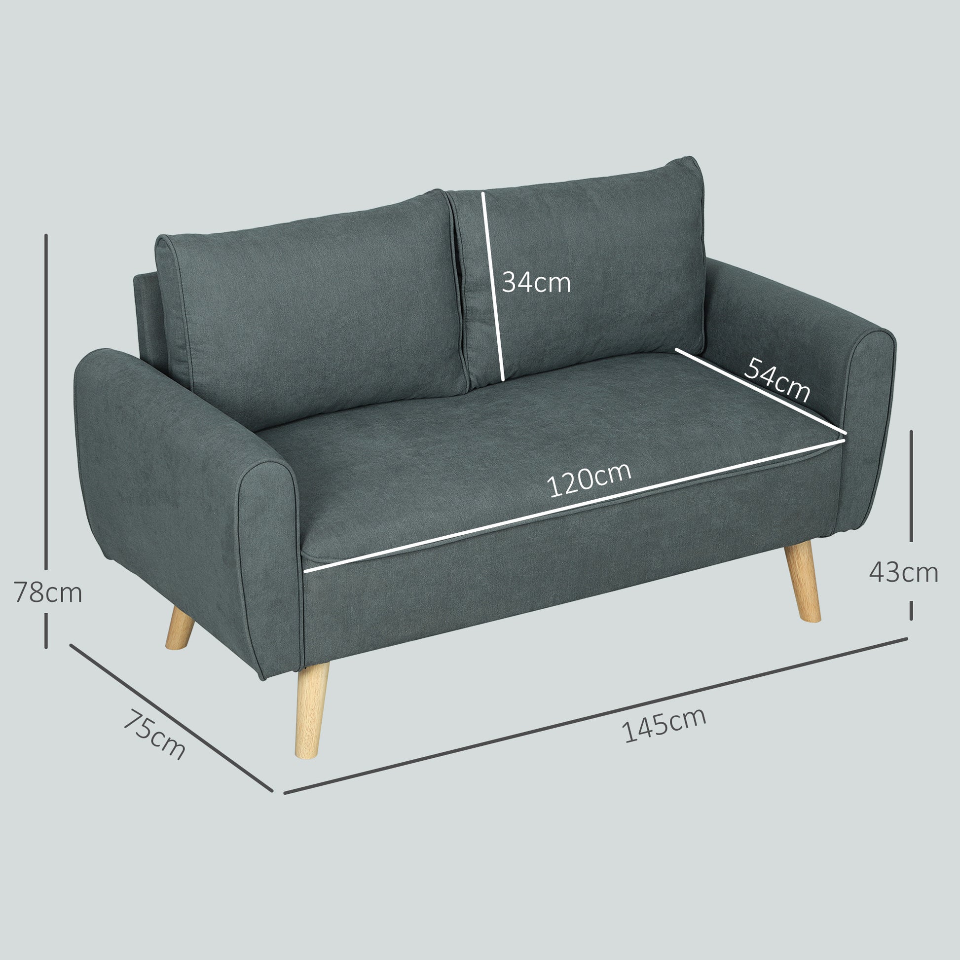 Modern 2-Seater Fabric Sofa with Thick Padding, Removable Cushions, 2-Seater Settee with Wooden Legs for Living Room, Lounge, Home and Office, 145x75x78 cm, Grey