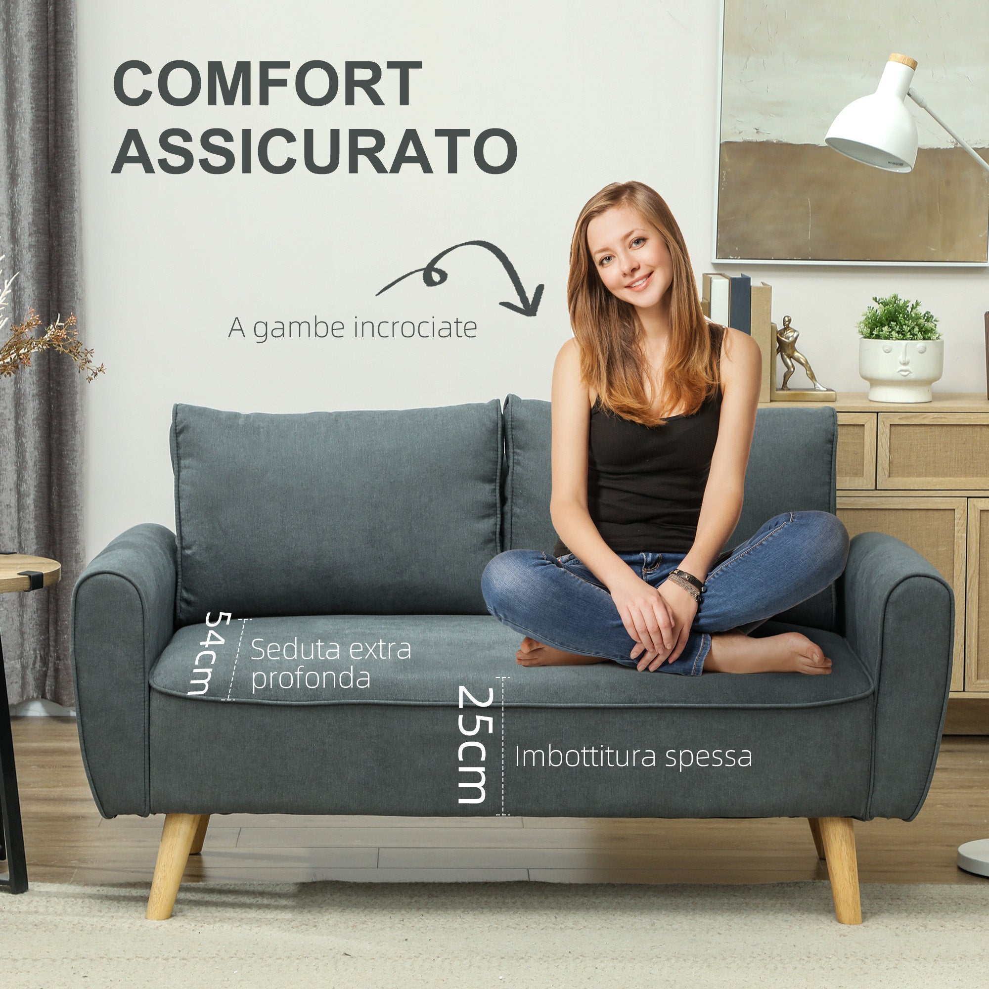 Modern 2-Seater Fabric Sofa with Thick Padding, Removable Cushions, 2-Seater Settee with Wooden Legs for Living Room, Lounge, Home and Office, 145x75x78 cm, Grey