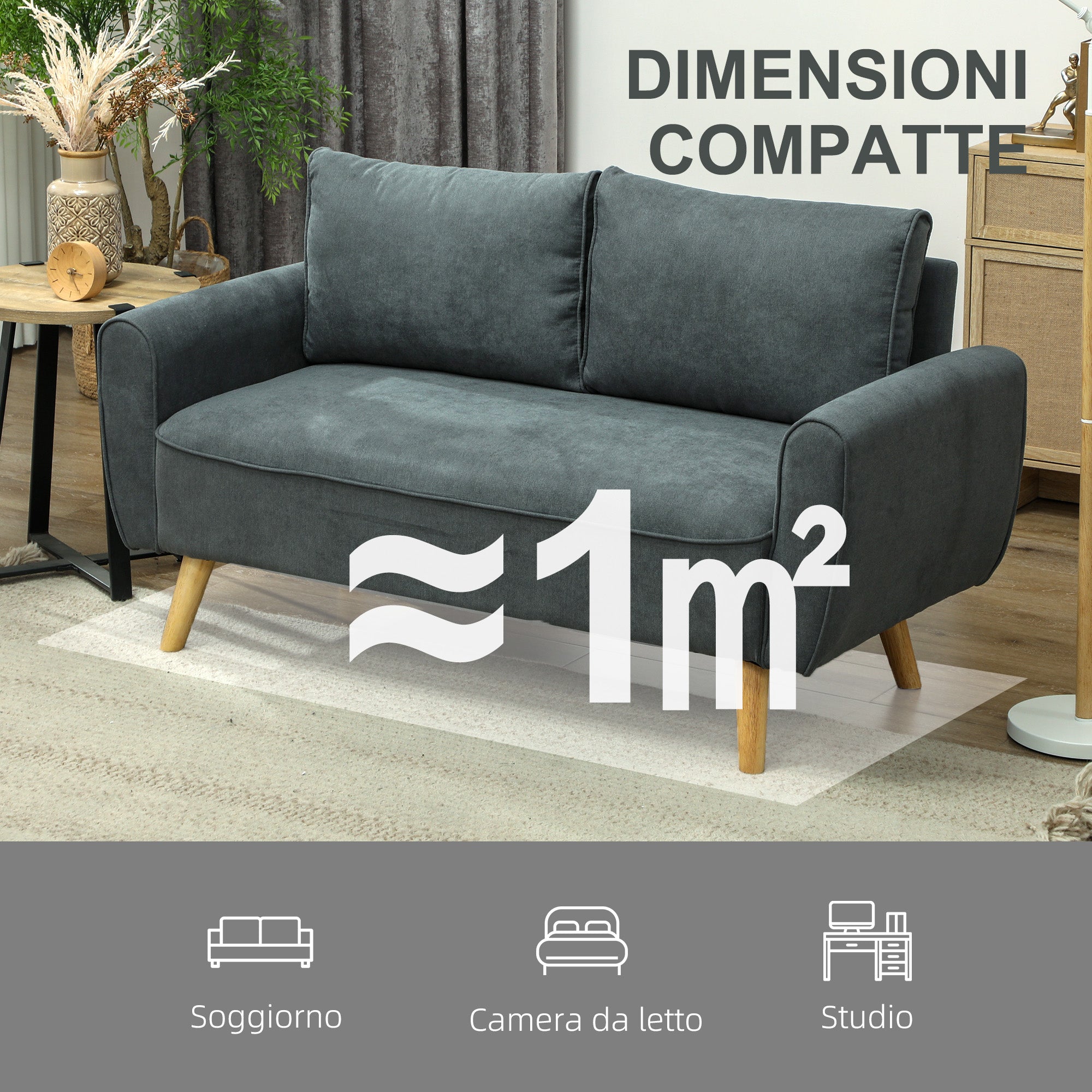 Modern 2-Seater Fabric Sofa with Thick Padding, Removable Cushions, 2-Seater Settee with Wooden Legs for Living Room, Lounge, Home and Office, 145x75x78 cm, Grey