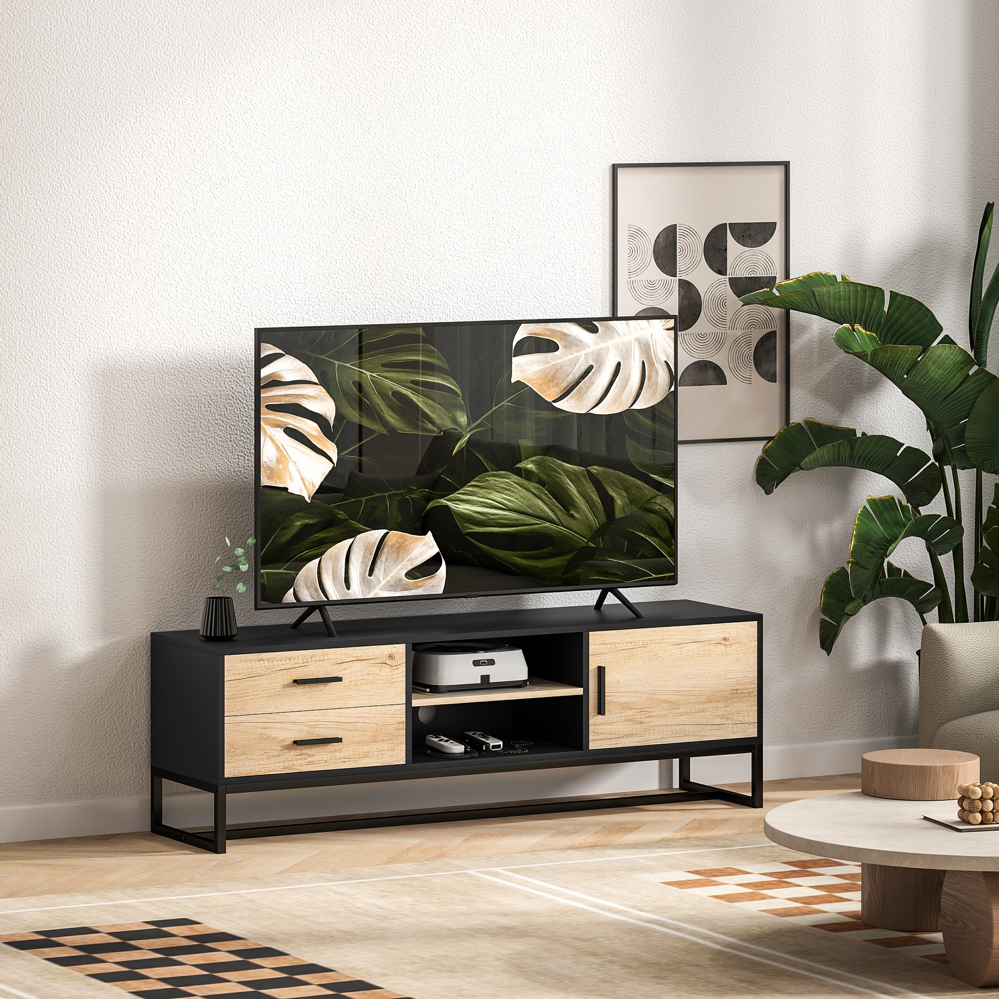 TV Cabinet TV Board with Cabinet, Drawers, 2 Open Compartments 140 cm Long TV Stand with Cable Management for TVs up to 60 Inches for Living Room Black 140x35x45cm