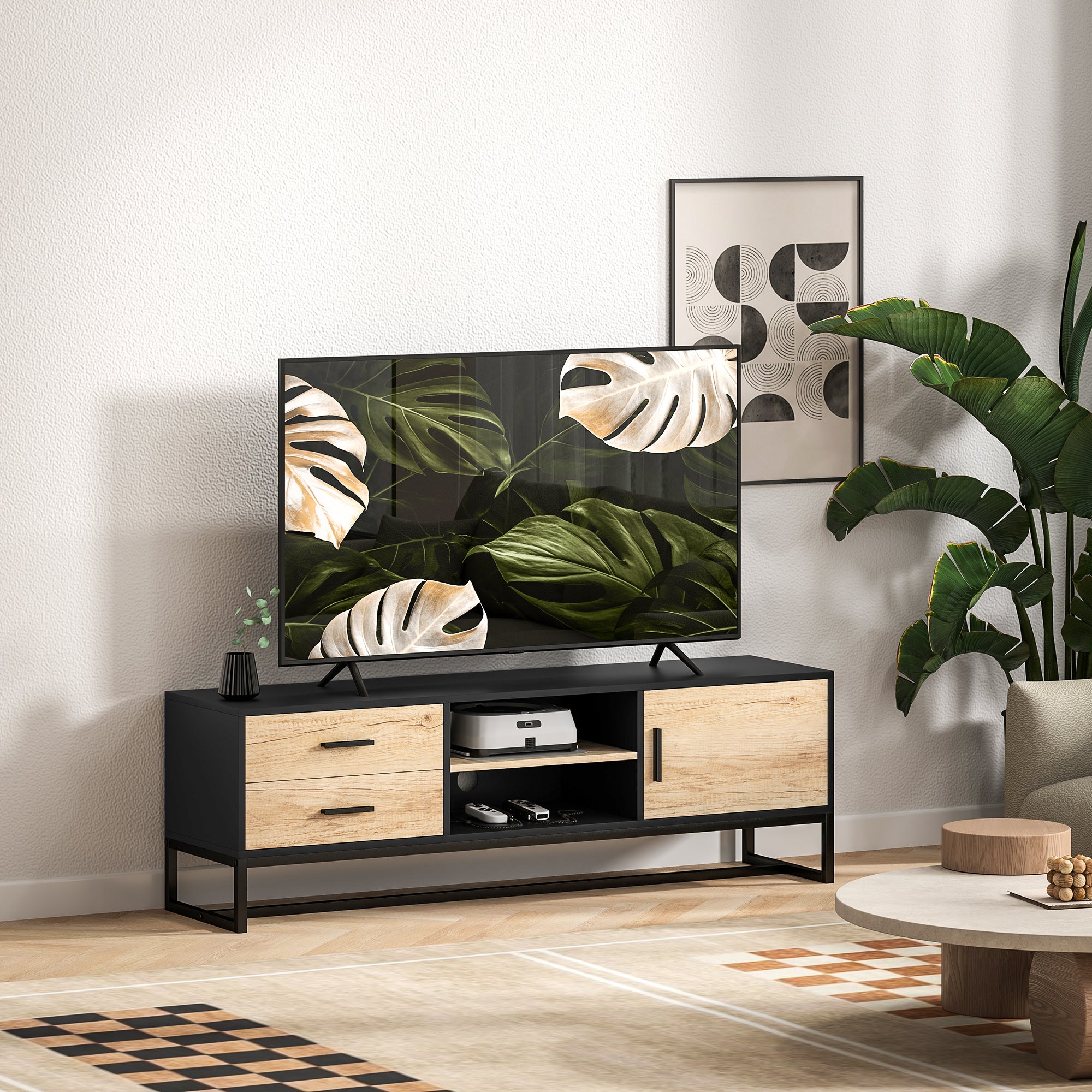 TV Cabinet TV Board with Cabinet, Drawers, 2 Open Compartments 140 cm Long TV Stand with Cable Management for TVs up to 60 Inches for Living Room Black 140x35x45cm