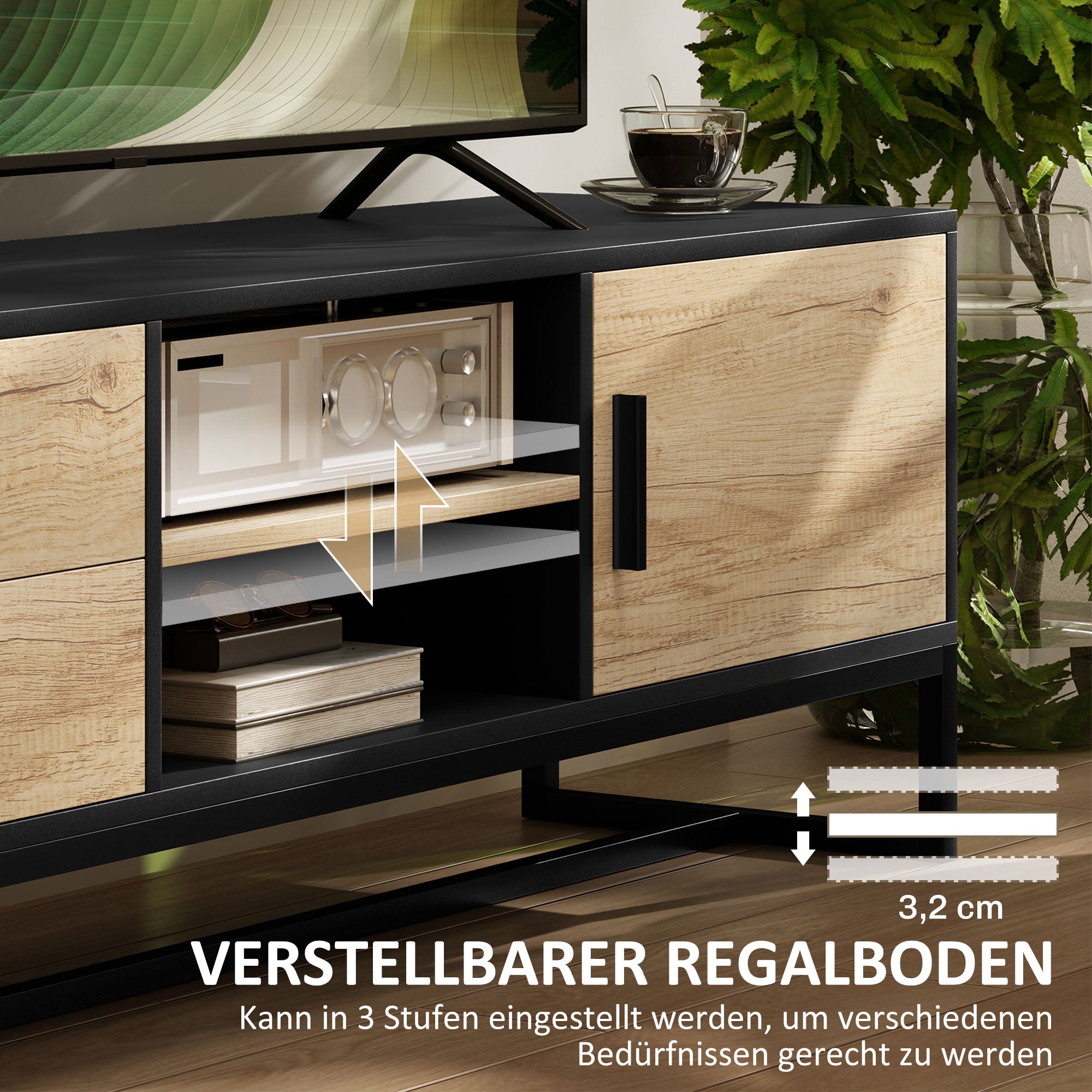TV Cabinet TV Board with Cabinet, Drawers, 2 Open Compartments 140 cm Long TV Stand with Cable Management for TVs up to 60 Inches for Living Room Black 140x35x45cm