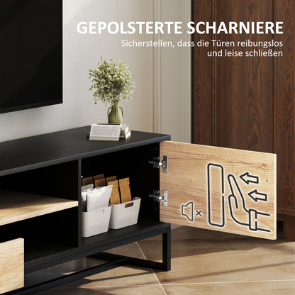 TV Cabinet TV Board with Cabinet, Drawers, 2 Open Compartments 140 cm Long TV Stand with Cable Management for TVs up to 60 Inches for Living Room Black 140x35x45cm