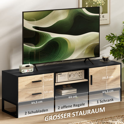 TV Cabinet TV Board with Cabinet, Drawers, 2 Open Compartments 140 cm Long TV Stand with Cable Management for TVs up to 60 Inches for Living Room Black 140x35x45cm