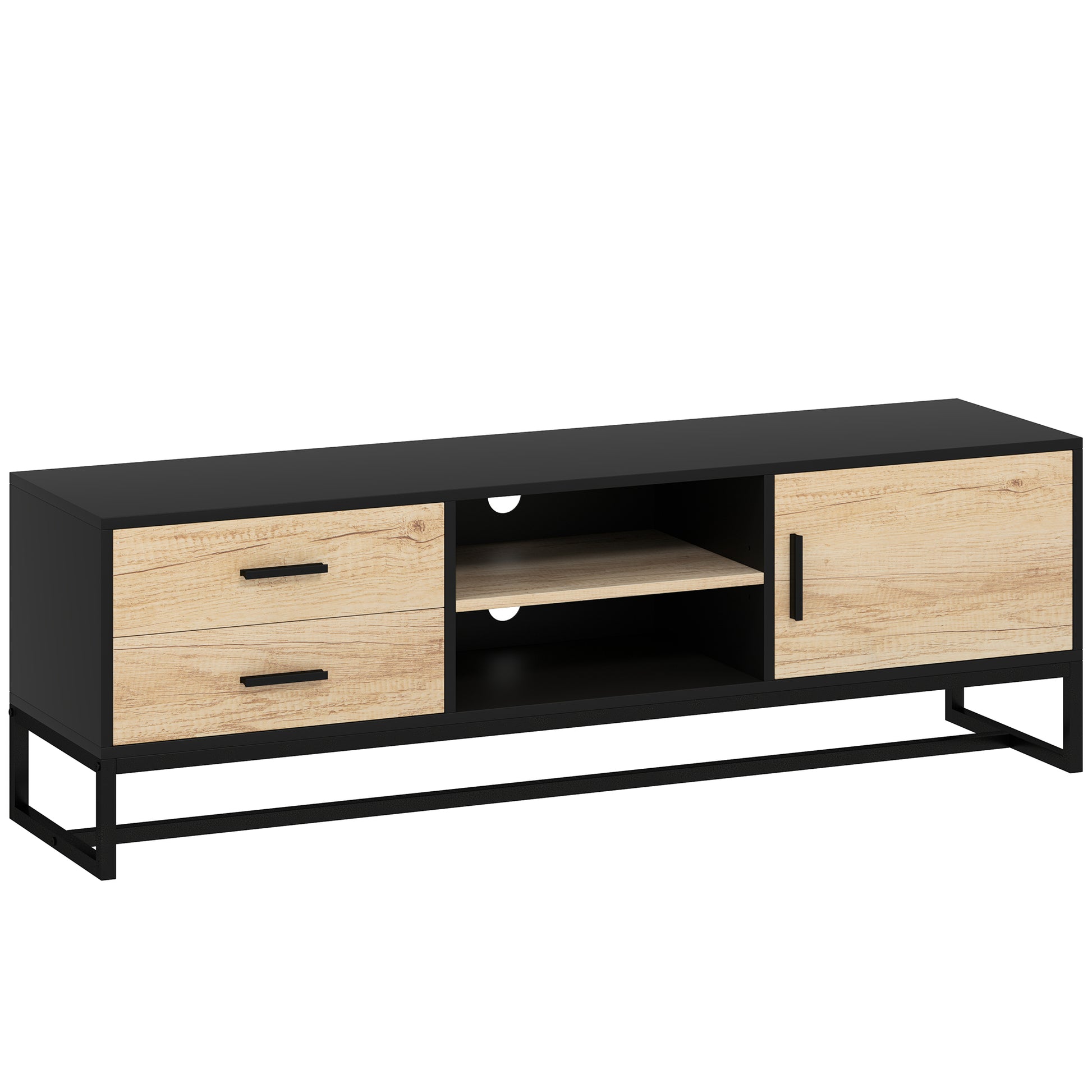 TV Cabinet TV Board with Cabinet, Drawers, 2 Open Compartments 140 cm Long TV Stand with Cable Management for TVs up to 60 Inches for Living Room Black 140x35x45cm