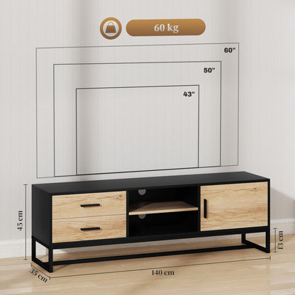 TV Cabinet TV Board with Cabinet, Drawers, 2 Open Compartments 140 cm Long TV Stand with Cable Management for TVs up to 60 Inches for Living Room Black 140x35x45cm