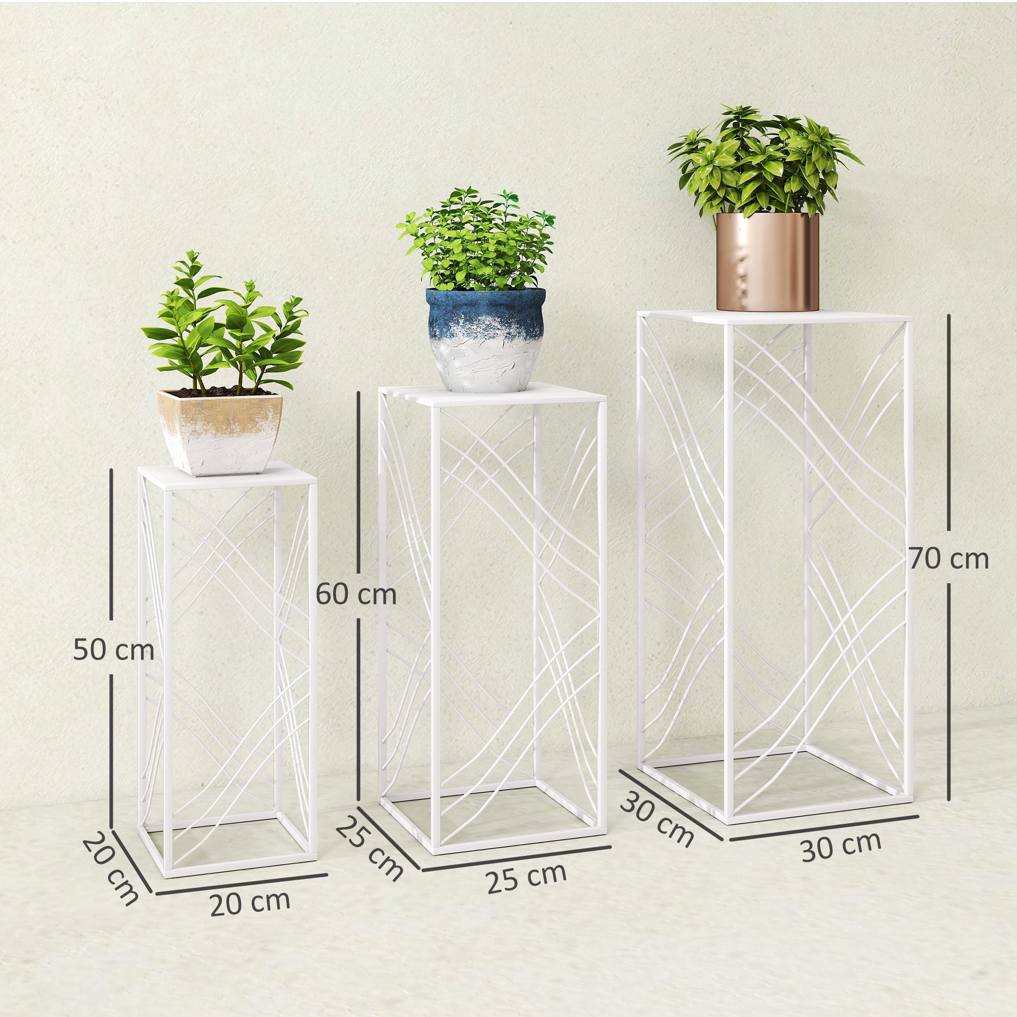 3-Piece Stackable Plant Stand Set — Powder-Coated Metal, White; Heights 19.7"/23.6"/27.6" (50/60/70 cm), Load Capacity up to 66/44/22 lb