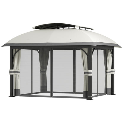 Pavilion with Double Roof, 4x3.3m Waterproof Sturdy Winterproof Garden Pavilion with Mosquito Net, Side Panels, Garden Pavilion Made of Galvanized Metal, for Garden, Terrace, Light Gray