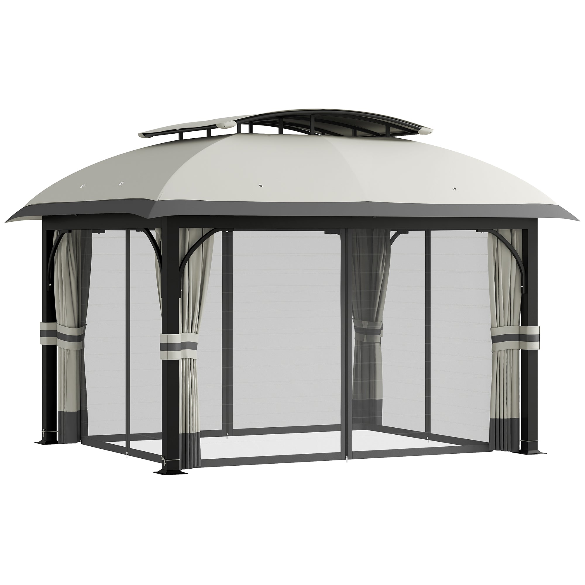 Pavilion with Double Roof, 4x3.3m Waterproof Sturdy Winterproof Garden Pavilion with Mosquito Net, Side Panels, Garden Pavilion Made of Galvanized Metal, for Garden, Terrace, Light Gray