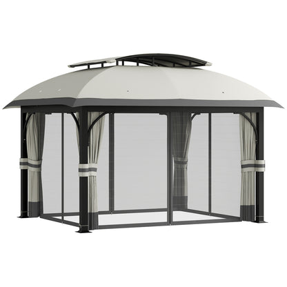 Pavilion with Double Roof, 4x3.3m Waterproof Sturdy Winterproof Garden Pavilion with Mosquito Net, Side Panels, Garden Pavilion Made of Galvanized Metal, for Garden, Terrace, Light Gray