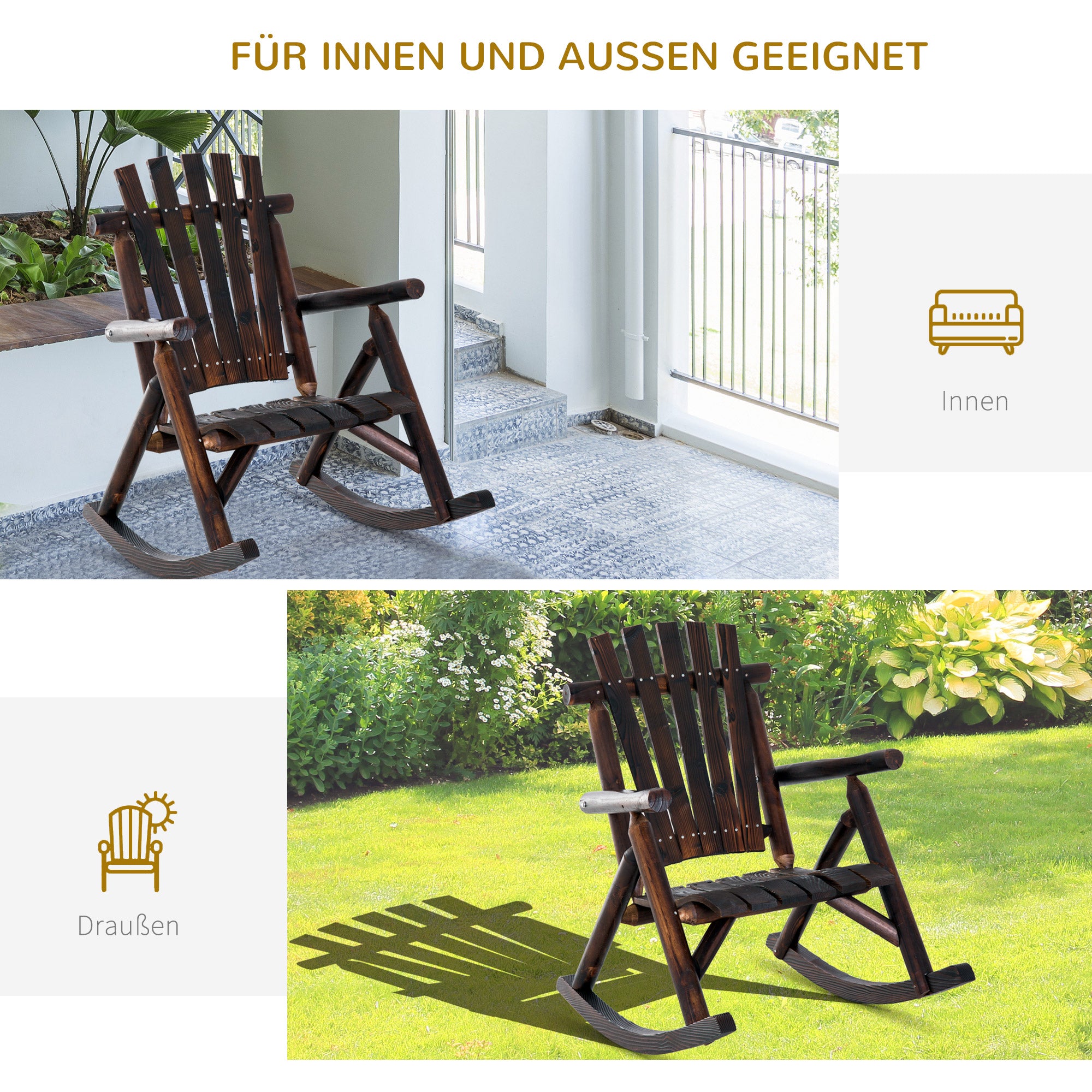 Rocking Chair with Armrest, Weatherproof, Solid Wood Charcoal, 97 x 69 x 93cm