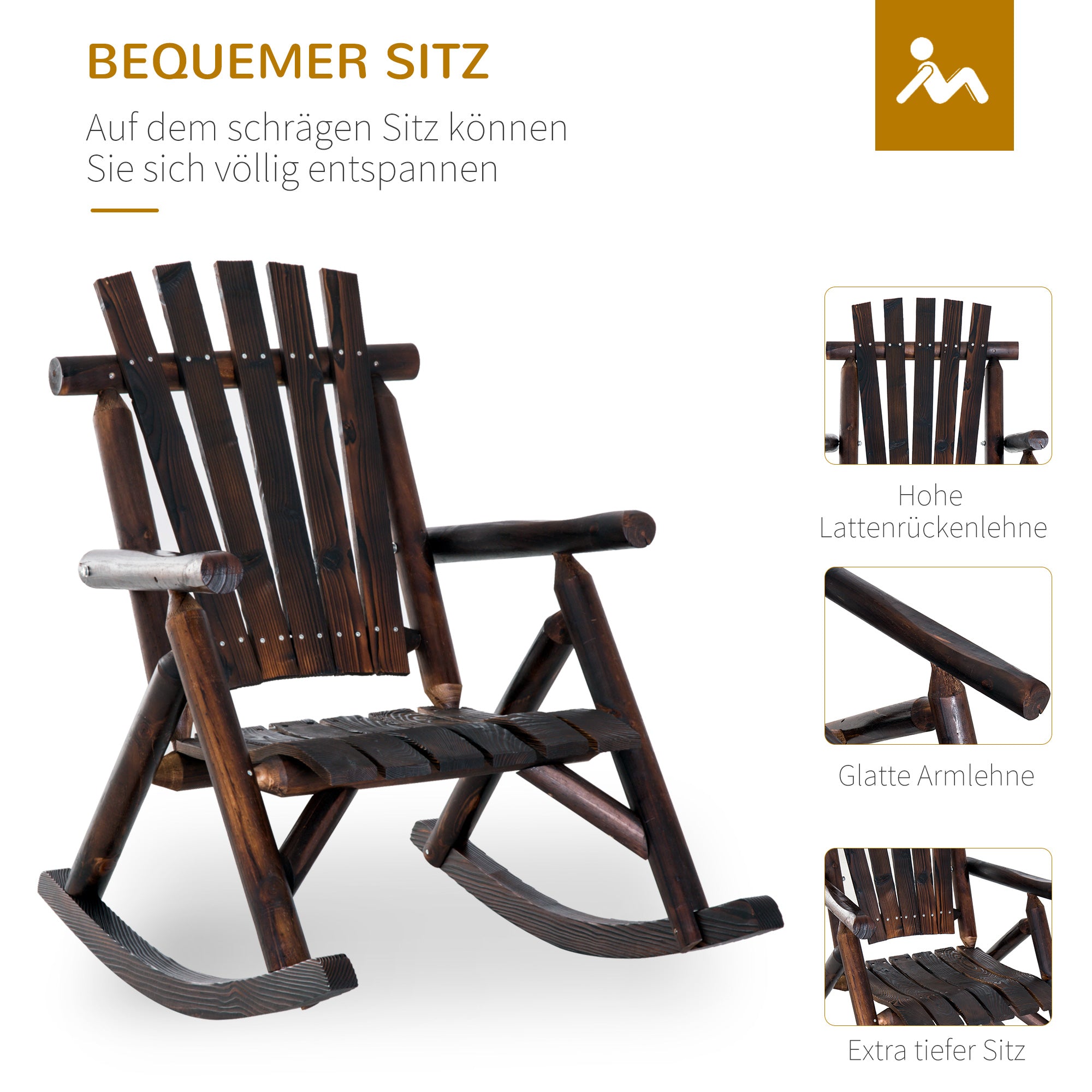 Rocking Chair with Armrest, Weatherproof, Solid Wood Charcoal, 97 x 69 x 93cm