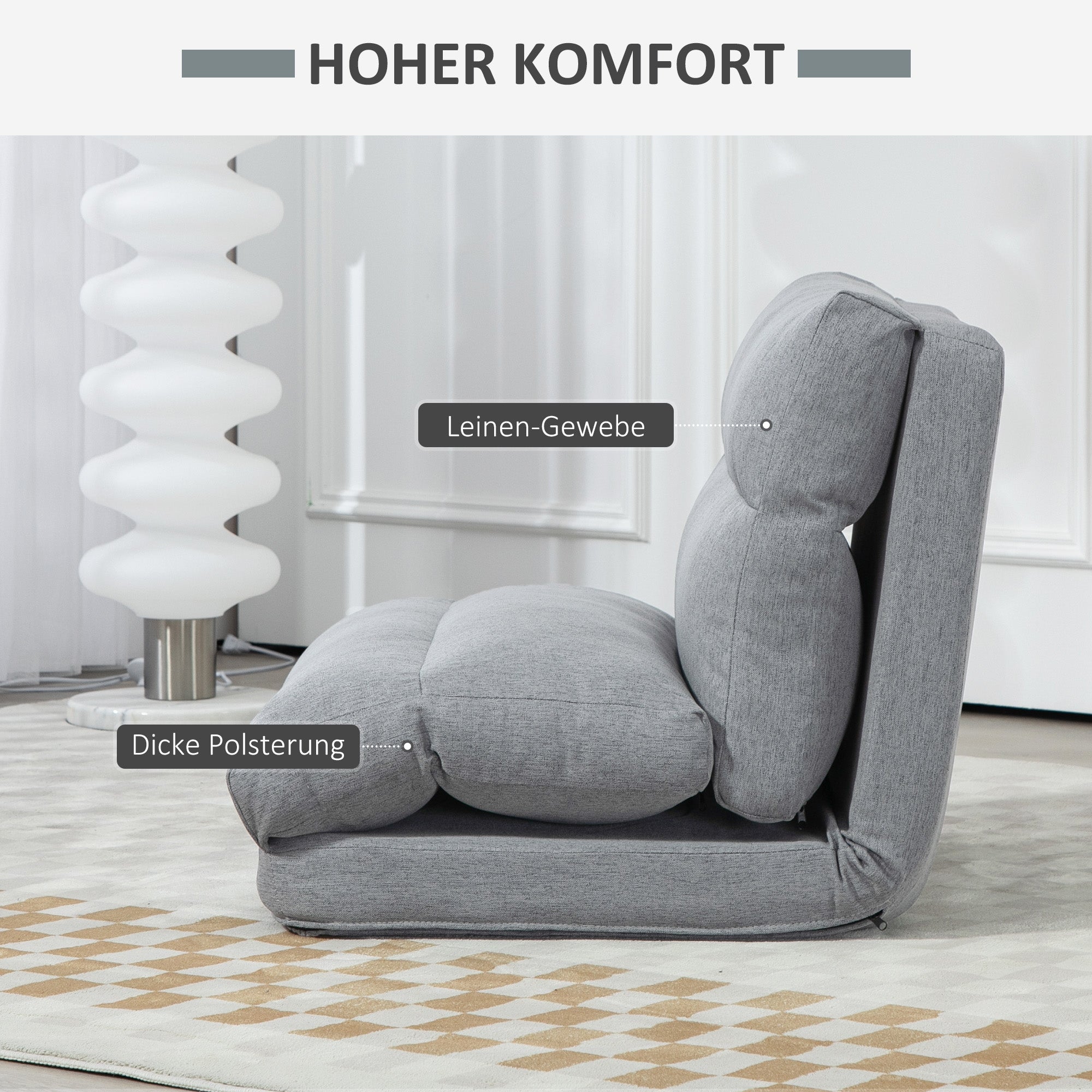 Floor Chair Floor Lounger with 6-Level Adjustable Backrest, Foldable Meditation Chair with Linen Look, Padded Floor Sofa for Living Room, Bedroom, Gray
