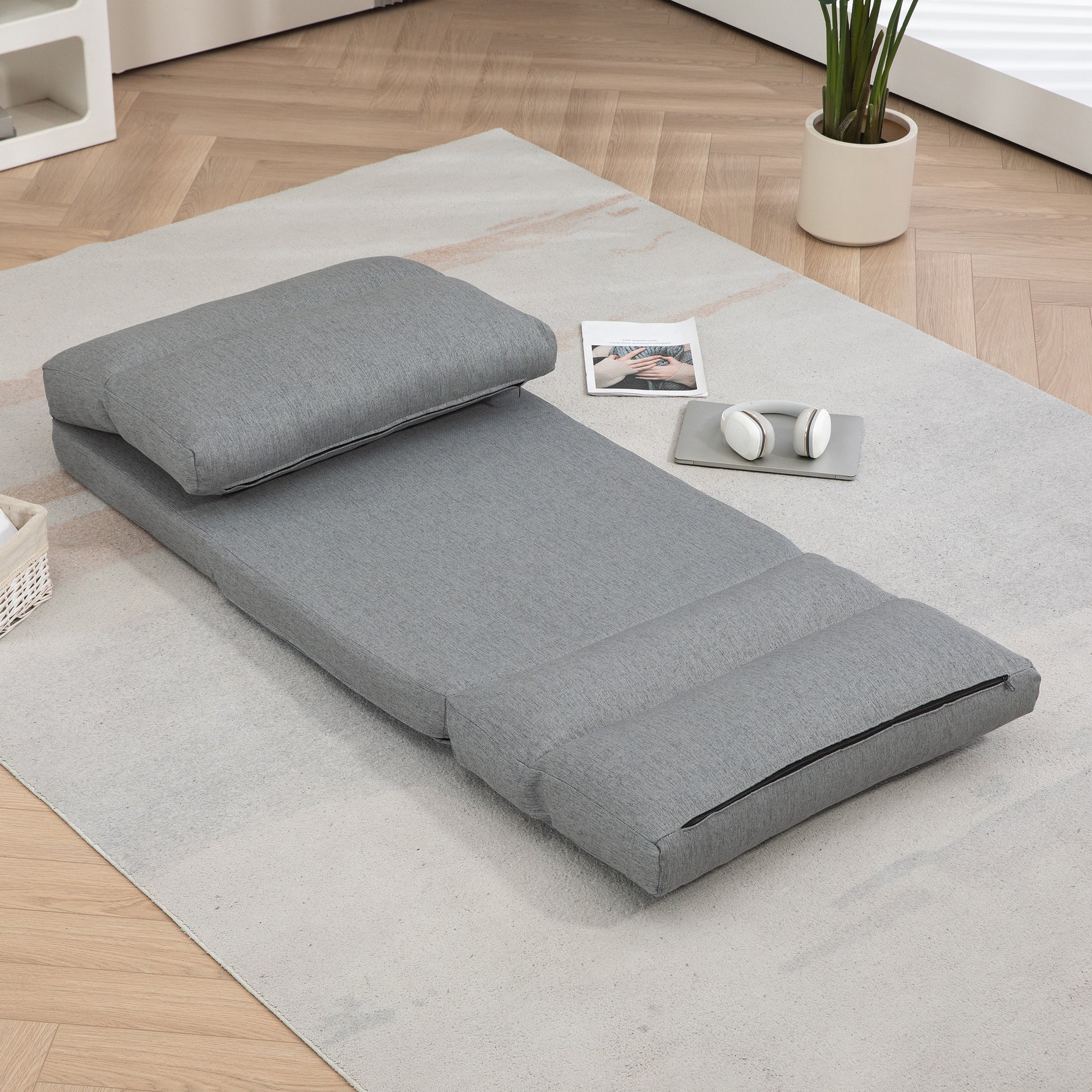 Floor Chair Floor Lounger with 6-Level Adjustable Backrest, Foldable Meditation Chair with Linen Look, Padded Floor Sofa for Living Room, Bedroom, Gray