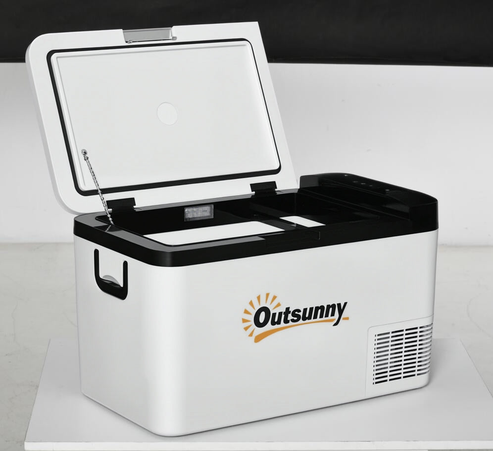 Portable Electric Cooler 25L 12/24V up to -20℃ Compressor Fridge and Freezer for Car with LED Light and Foldable Handles Low Energy Consumption for Home Camping 58.5x33.5x35.2 cm White