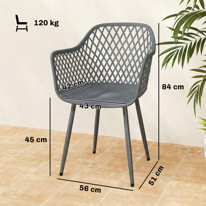 4-Pack Garden Chairs — UV-Resistant Plastic with Armrests & Backrest, Powder-Coated Metal Legs, 120 kg Capacity, Dark Gray