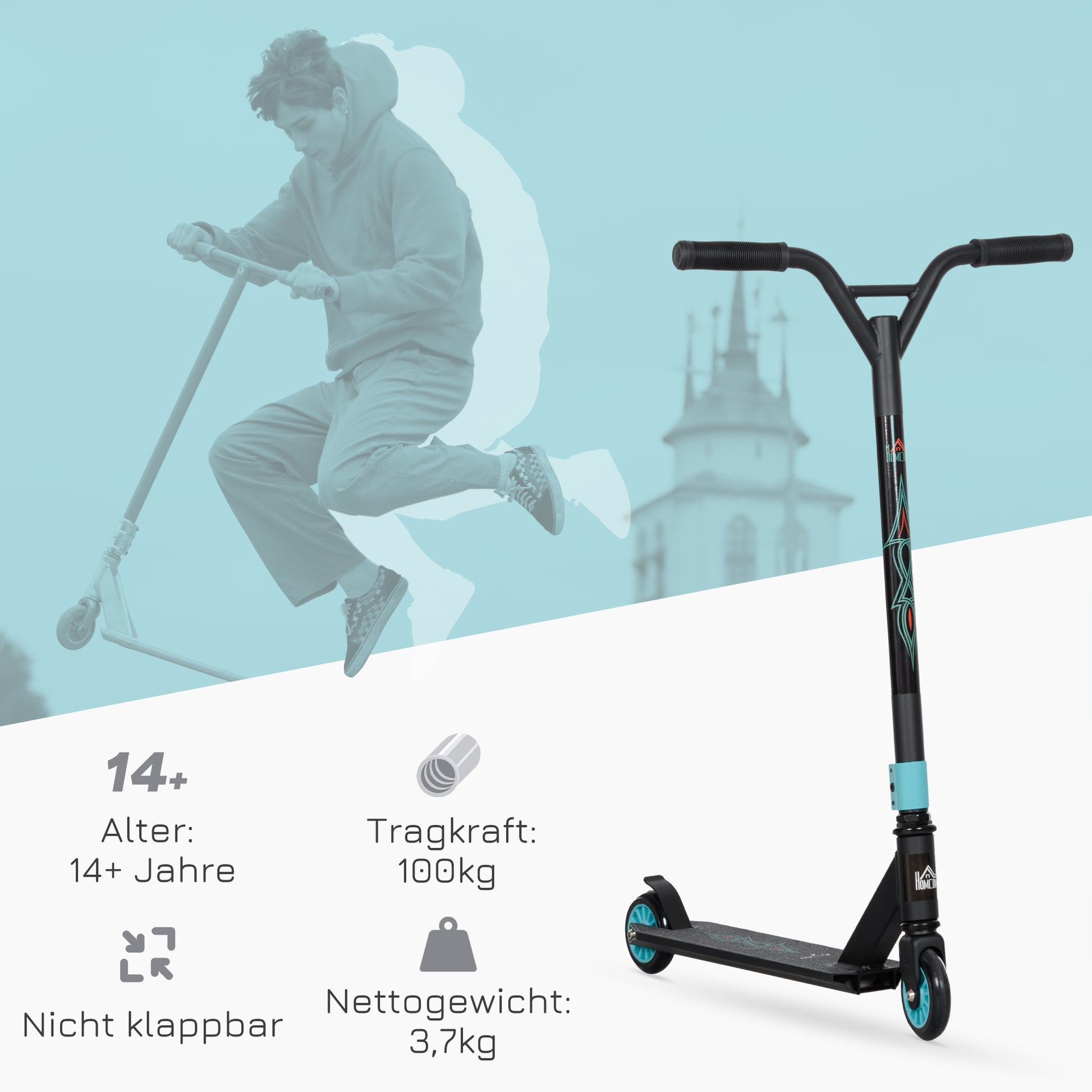 Stunt Scooter with 360° steering, ABEC 9 bearings, 100mm faux leather wheels, aluminum stunt scooter supports up to 100kg, kick scooter trick roller fun scooter for kids aged 14 and above