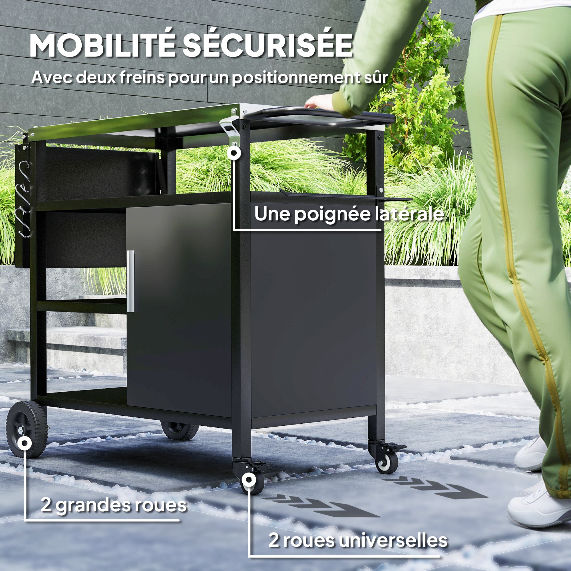 Outdoor BBQ Trolley Cart with Stainless Steel Top, Folding Shelf, Hooks, Cover Included, Outdoor Rolling Cart, 127x51x84cm, Black