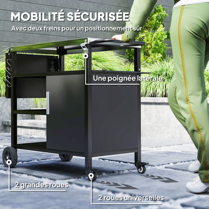 Outdoor BBQ Trolley Cart with Stainless Steel Top, Folding Shelf, Hooks, Cover Included, Outdoor Rolling Cart, 127x51x84cm, Black
