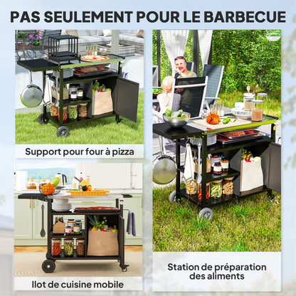 Outdoor BBQ Trolley Cart with Stainless Steel Top, Folding Shelf, Hooks, Cover Included, Outdoor Rolling Cart, 127x51x84cm, Black