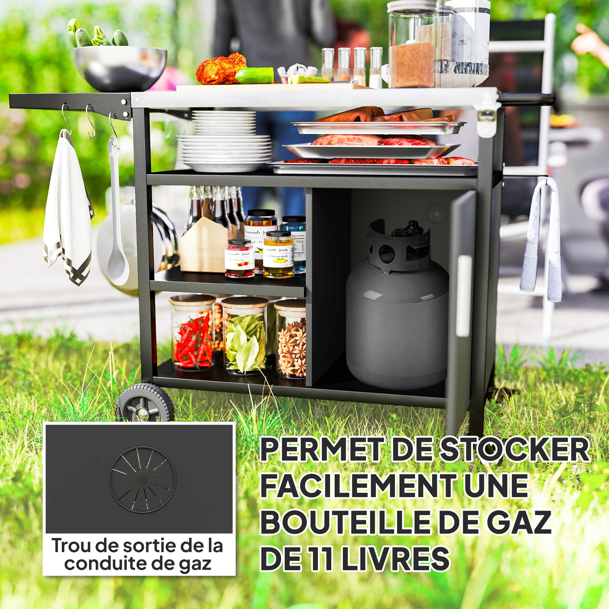 Outdoor BBQ Trolley Cart with Stainless Steel Top, Folding Shelf, Hooks, Cover Included, Outdoor Rolling Cart, 127x51x84cm, Black
