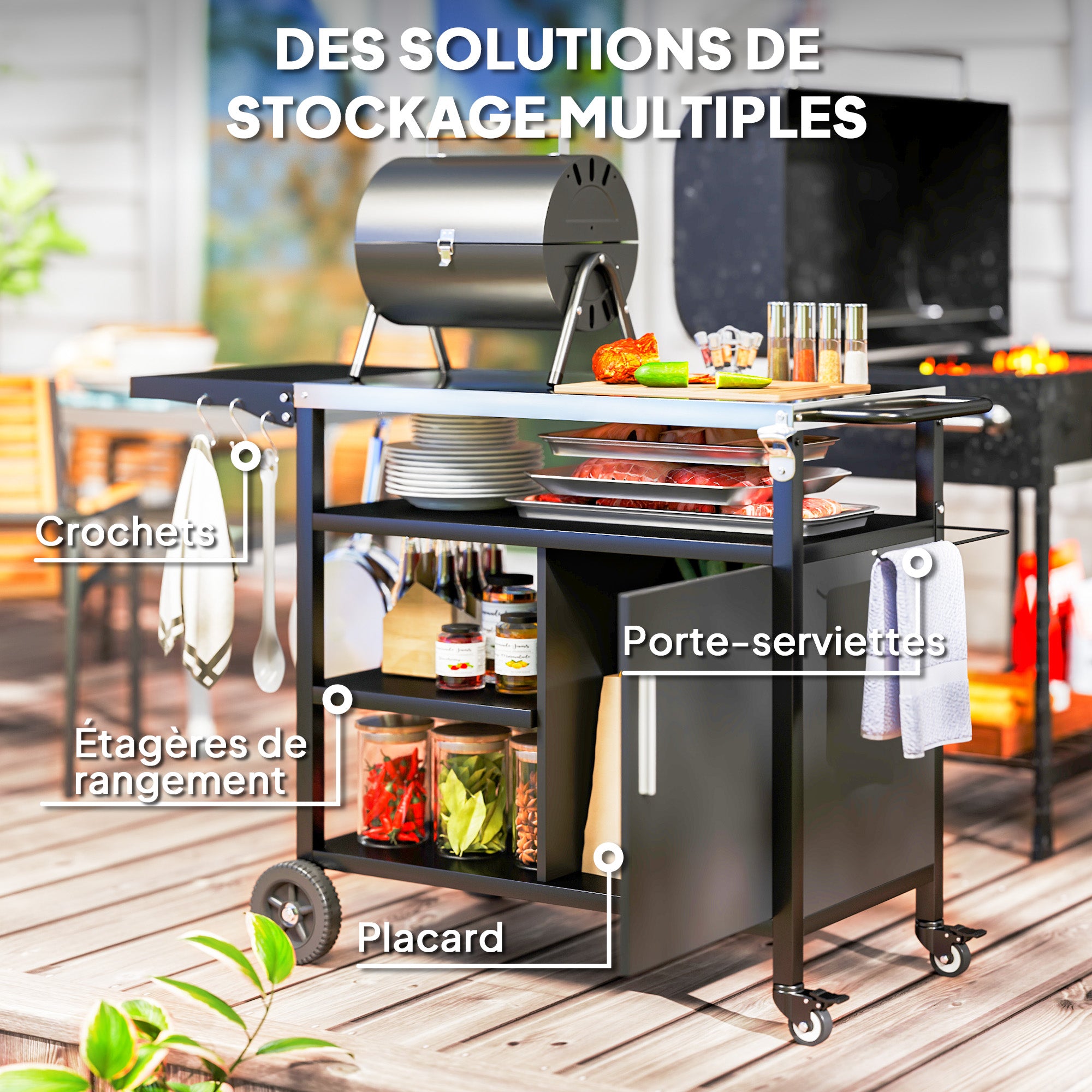 Outdoor BBQ Trolley Cart with Stainless Steel Top, Folding Shelf, Hooks, Cover Included, Outdoor Rolling Cart, 127x51x84cm, Black