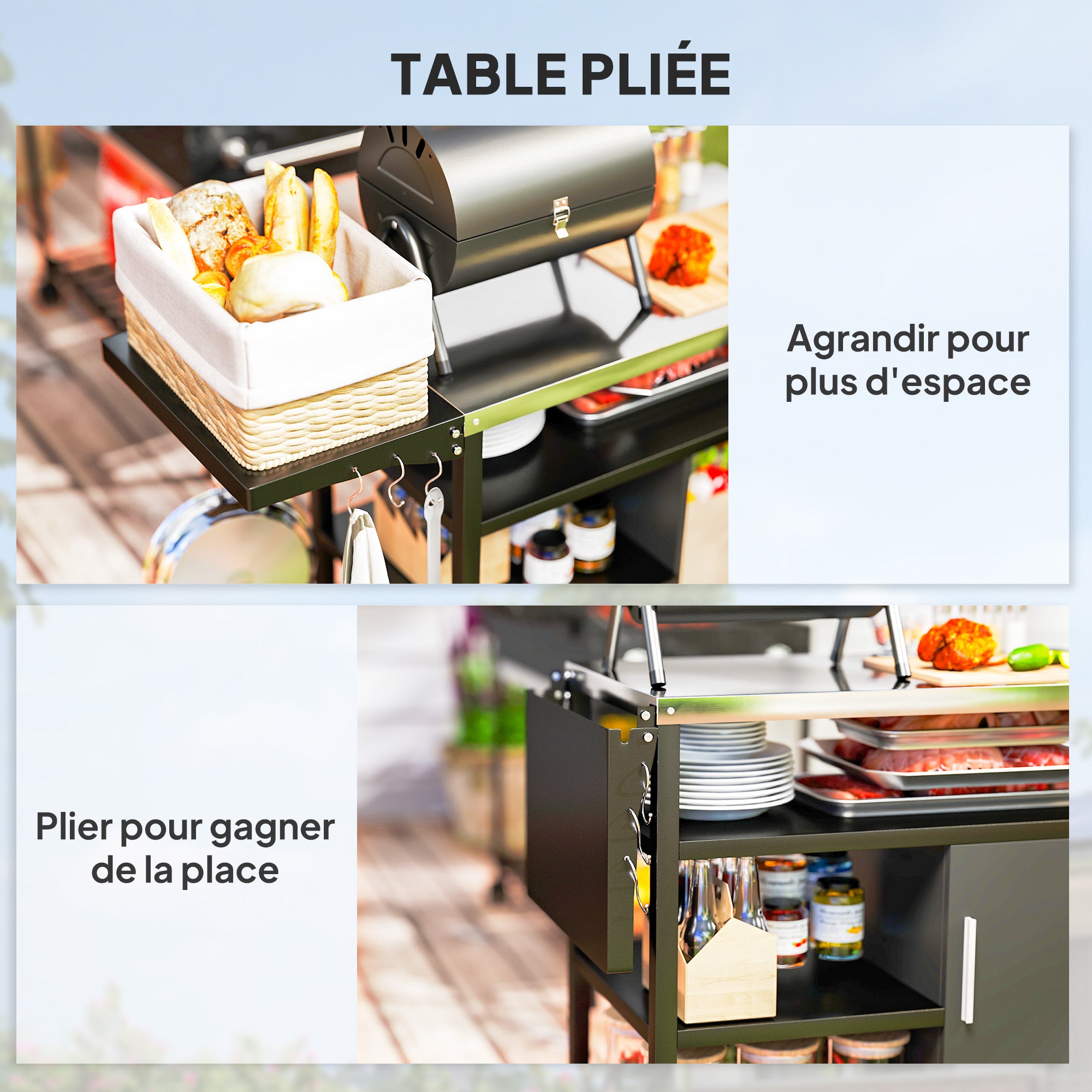 Outdoor BBQ Trolley Cart with Stainless Steel Top, Folding Shelf, Hooks, Cover Included, Outdoor Rolling Cart, 127x51x84cm, Black