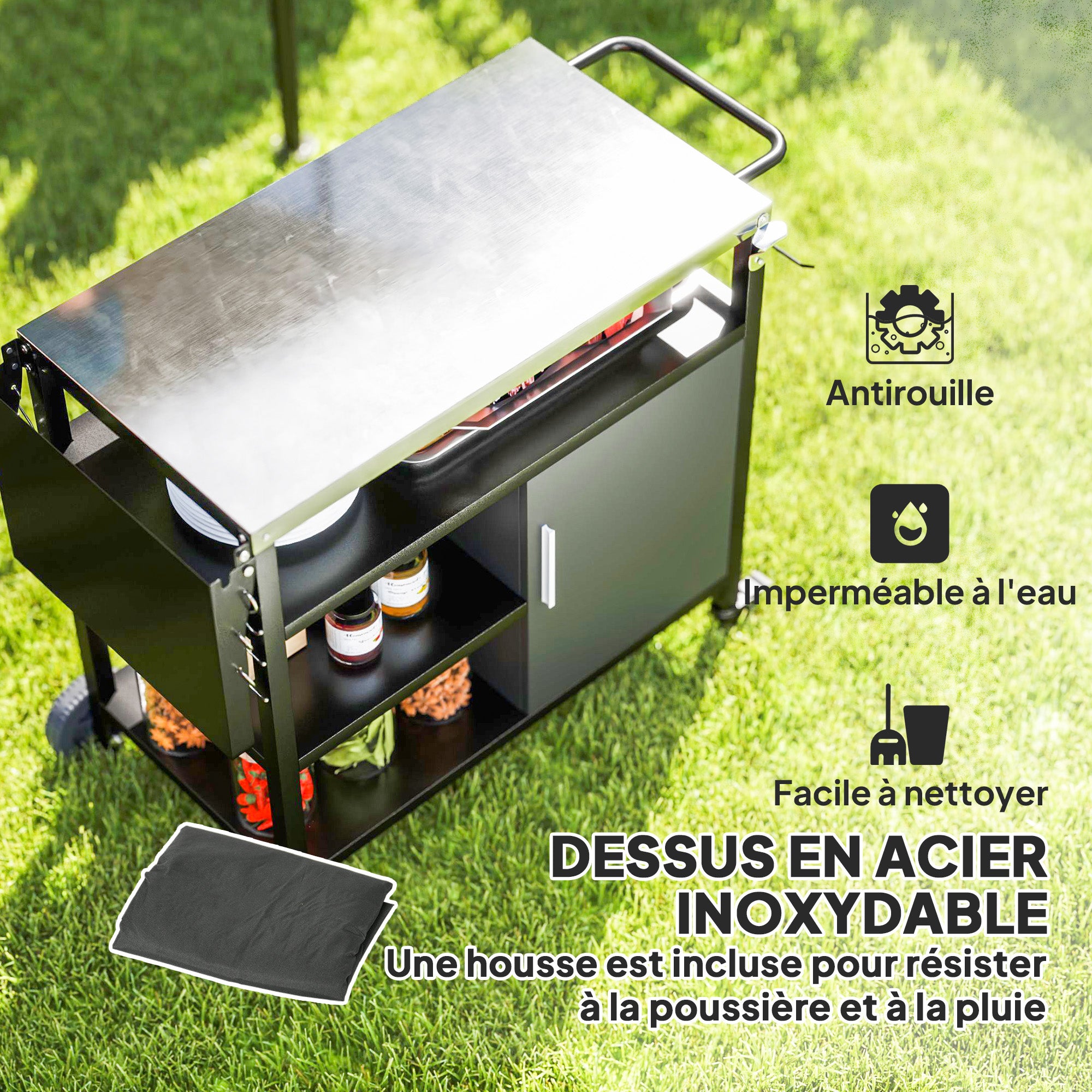Outdoor BBQ Trolley Cart with Stainless Steel Top, Folding Shelf, Hooks, Cover Included, Outdoor Rolling Cart, 127x51x84cm, Black